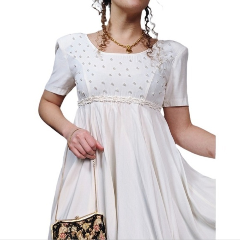Vintage Regal Bridgerton White Pearl Detail Empire Waist Babydoll Mini Dress